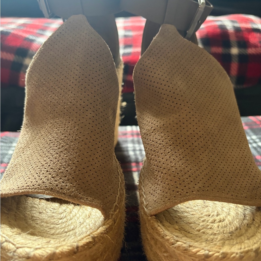 Marc Fisher Tan Suede Espadrille Wedge Sandals